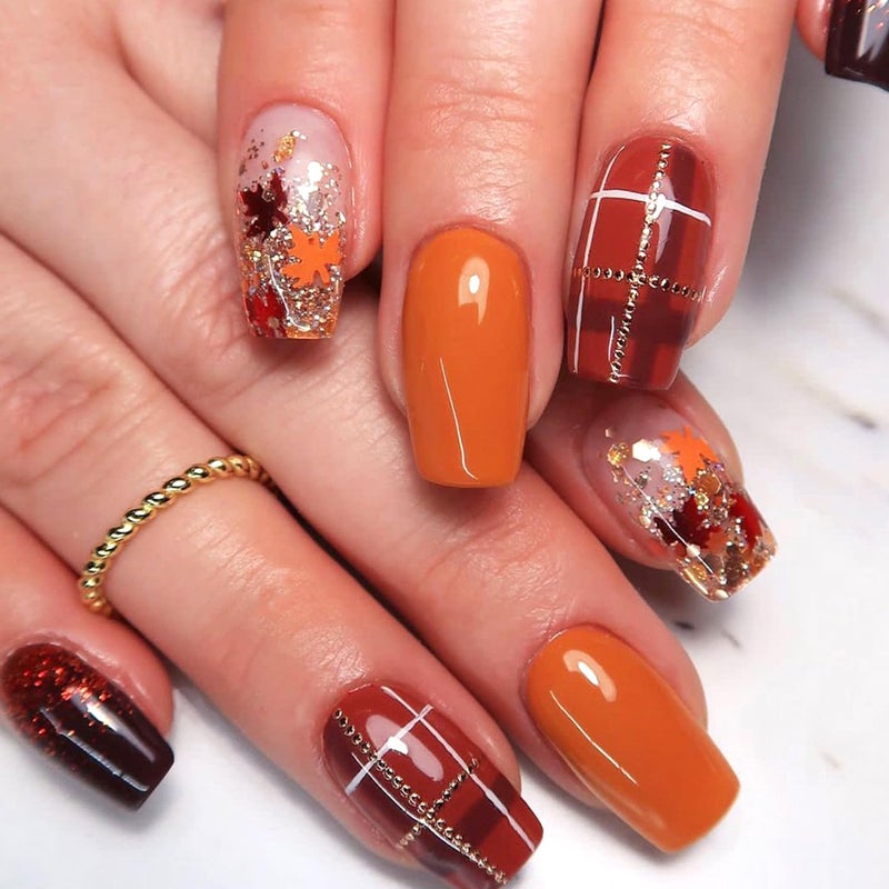 CJDLTS Fall Maple Leaf False Nail Medium Ballet Shaped Thanksgiving Press on Nails Gold Lines Glitter Sequins Design Autumn Stick on Nail Full Cover Artificial Fingernails Festival Glue on Nails for Women - Image 1